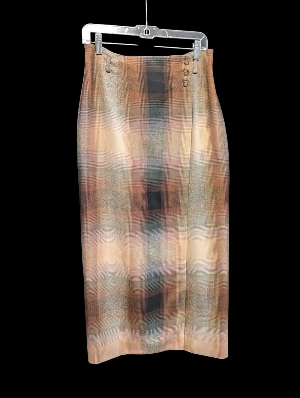 Lauren Ralph Lauren Shadow Plaid All Wool Midi Wrap Skirt Country Preppy  Sz 12